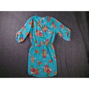 Mimi Chica Dress Womens M Aqua Floral Button Front Elastic Waist Roll Tab Sleeve